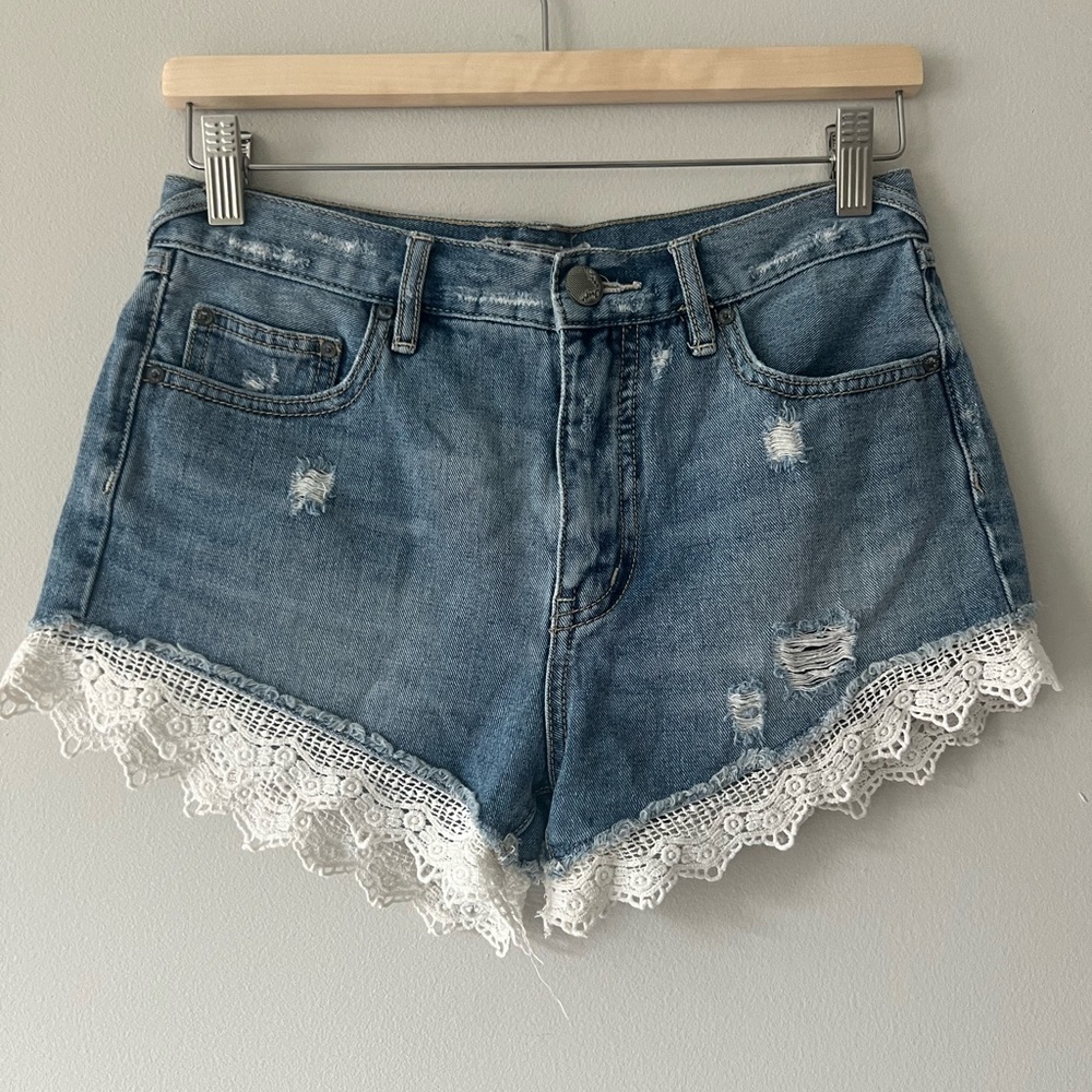 Free People Blue Denim Lace Trim Jean Shorts
